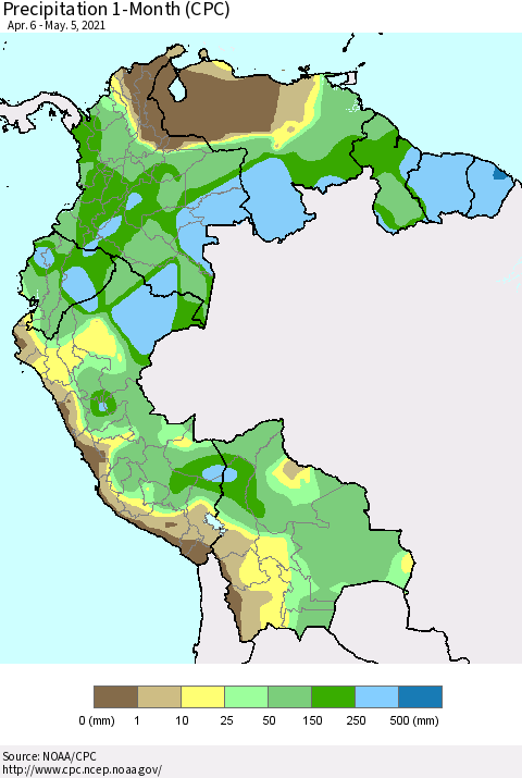 Northern South America Precipitation 1-Month (CPC) Thematic Map For 4/6/2021 - 5/5/2021