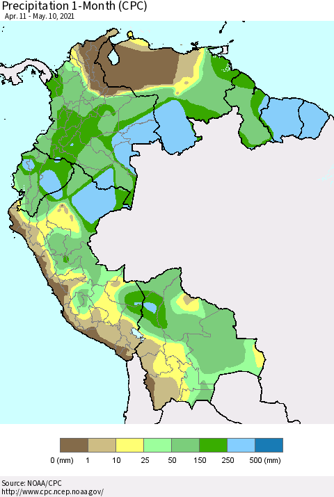 Northern South America Precipitation 1-Month (CPC) Thematic Map For 4/11/2021 - 5/10/2021