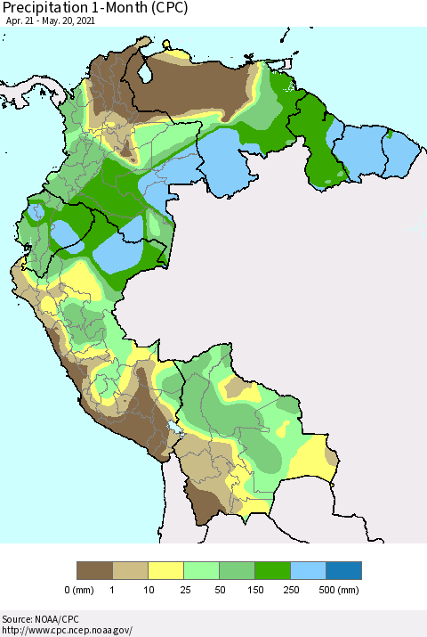 Northern South America Precipitation 1-Month (CPC) Thematic Map For 4/21/2021 - 5/20/2021