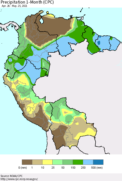 Northern South America Precipitation 1-Month (CPC) Thematic Map For 4/26/2021 - 5/25/2021