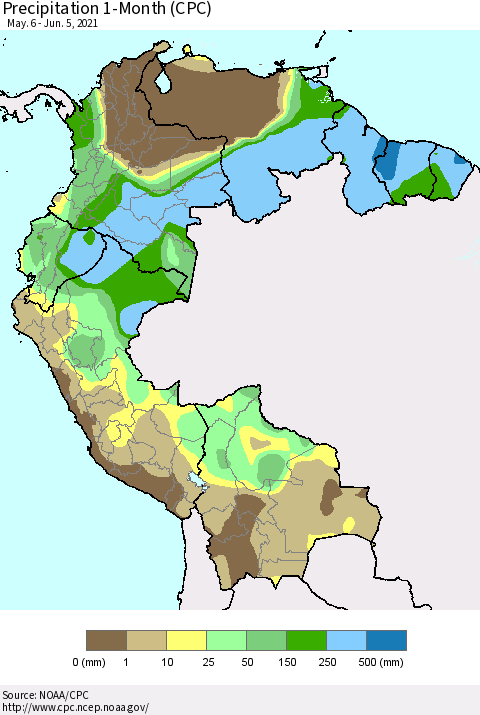 Northern South America Precipitation 1-Month (CPC) Thematic Map For 5/6/2021 - 6/5/2021