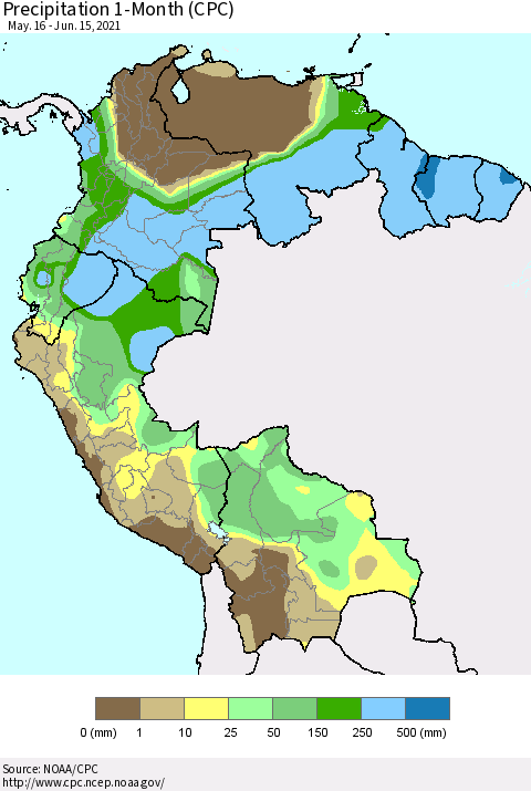 Northern South America Precipitation 1-Month (CPC) Thematic Map For 5/16/2021 - 6/15/2021