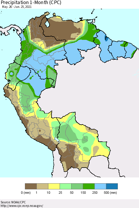 Northern South America Precipitation 1-Month (CPC) Thematic Map For 5/26/2021 - 6/25/2021