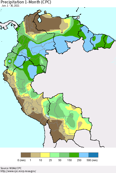 Northern South America Precipitation 1-Month (CPC) Thematic Map For 6/1/2021 - 6/30/2021