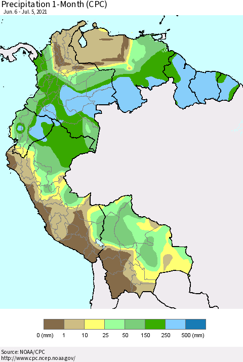 Northern South America Precipitation 1-Month (CPC) Thematic Map For 6/6/2021 - 7/5/2021
