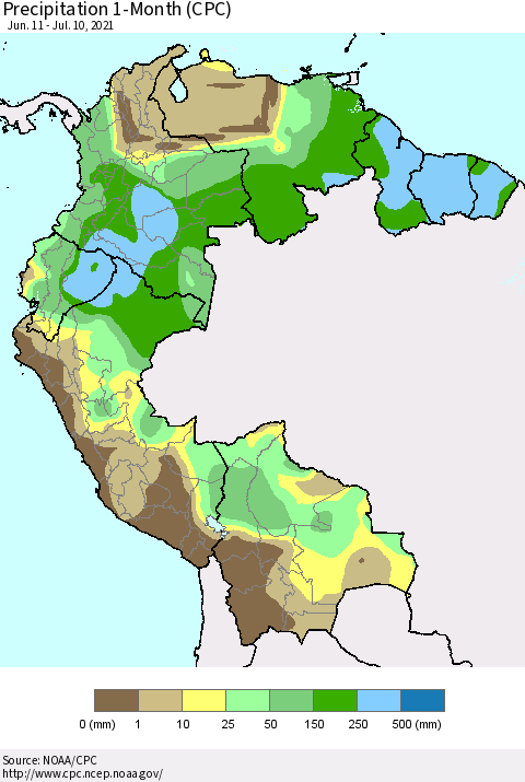 Northern South America Precipitation 1-Month (CPC) Thematic Map For 6/11/2021 - 7/10/2021