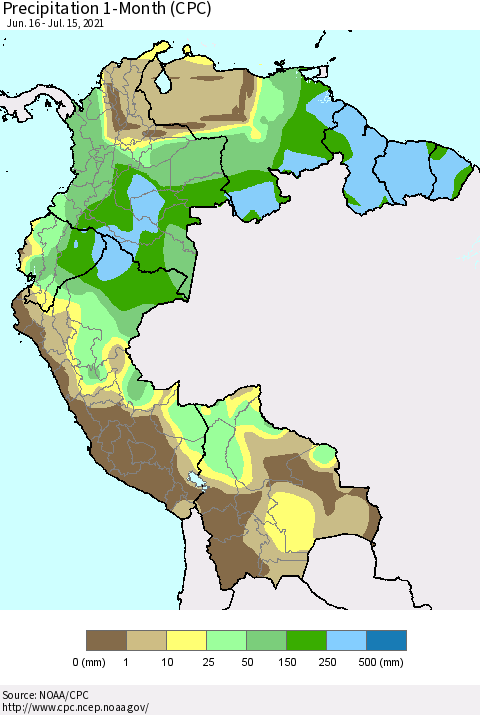 Northern South America Precipitation 1-Month (CPC) Thematic Map For 6/16/2021 - 7/15/2021