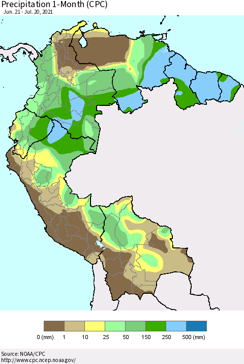 Northern South America Precipitation 1-Month (CPC) Thematic Map For 6/21/2021 - 7/20/2021