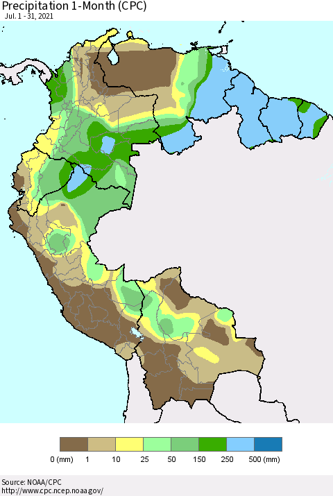 Northern South America Precipitation 1-Month (CPC) Thematic Map For 7/1/2021 - 7/31/2021