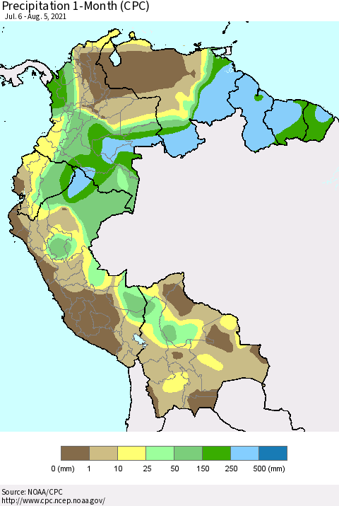 Northern South America Precipitation 1-Month (CPC) Thematic Map For 7/6/2021 - 8/5/2021