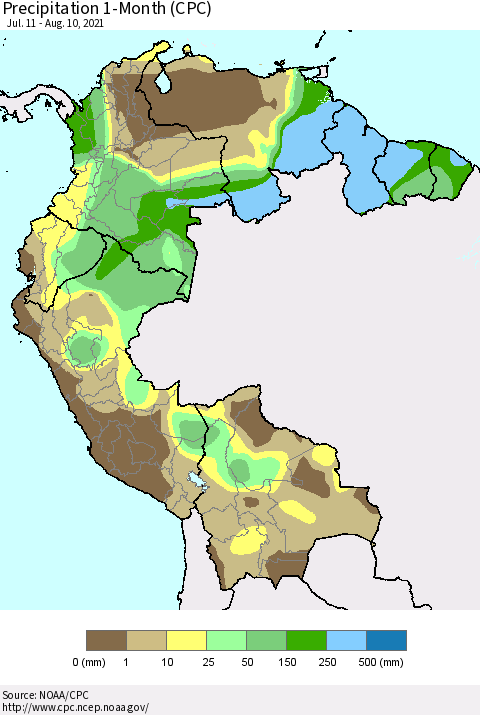 Northern South America Precipitation 1-Month (CPC) Thematic Map For 7/11/2021 - 8/10/2021