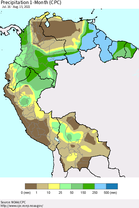 Northern South America Precipitation 1-Month (CPC) Thematic Map For 7/16/2021 - 8/15/2021