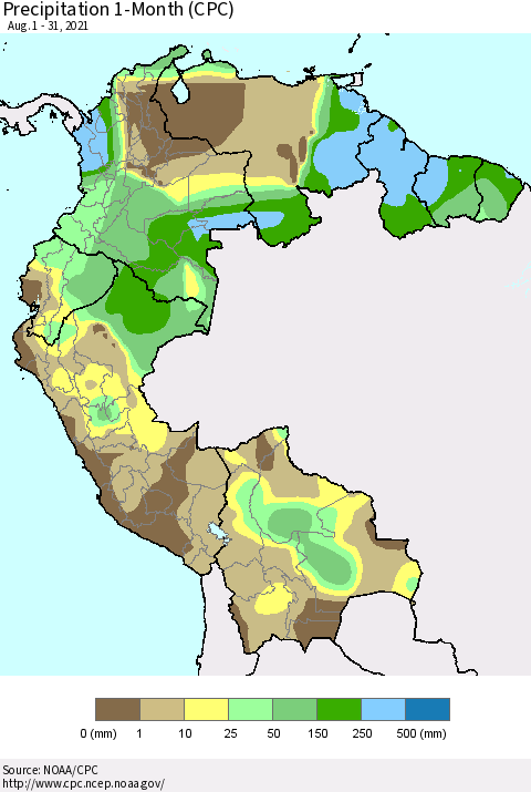 Northern South America Precipitation 1-Month (CPC) Thematic Map For 8/1/2021 - 8/31/2021