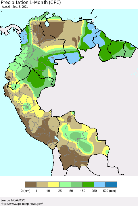 Northern South America Precipitation 1-Month (CPC) Thematic Map For 8/6/2021 - 9/5/2021