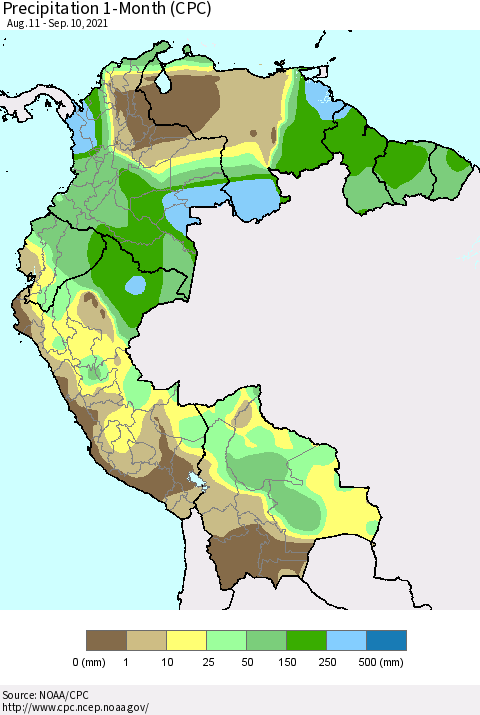Northern South America Precipitation 1-Month (CPC) Thematic Map For 8/11/2021 - 9/10/2021
