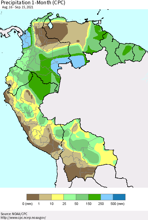 Northern South America Precipitation 1-Month (CPC) Thematic Map For 8/16/2021 - 9/15/2021