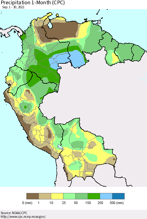 Northern South America Precipitation 1-Month (CPC) Thematic Map For 9/1/2021 - 9/30/2021