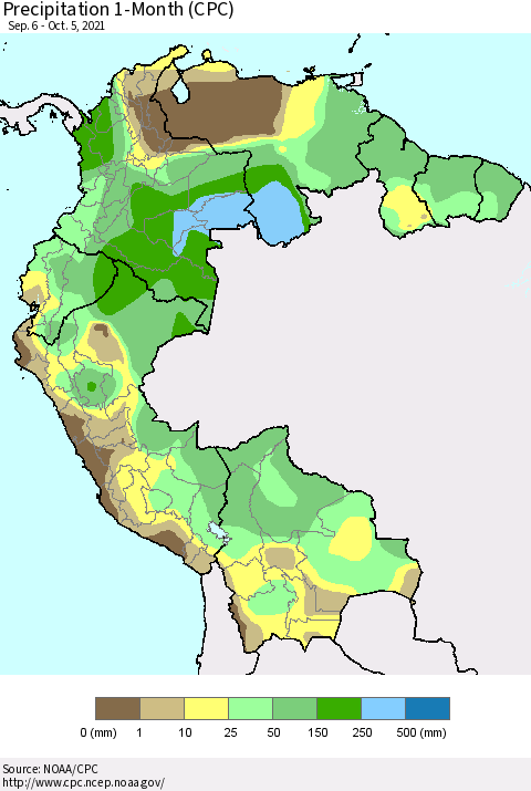Northern South America Precipitation 1-Month (CPC) Thematic Map For 9/6/2021 - 10/5/2021