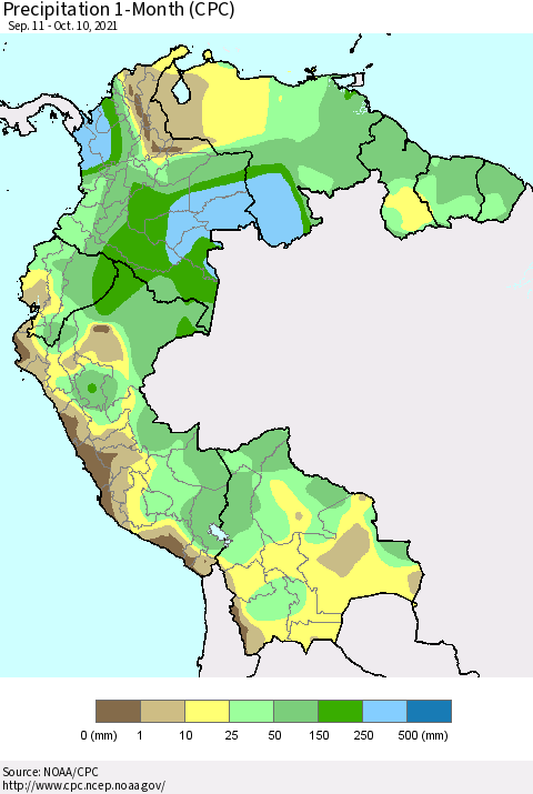 Northern South America Precipitation 1-Month (CPC) Thematic Map For 9/11/2021 - 10/10/2021