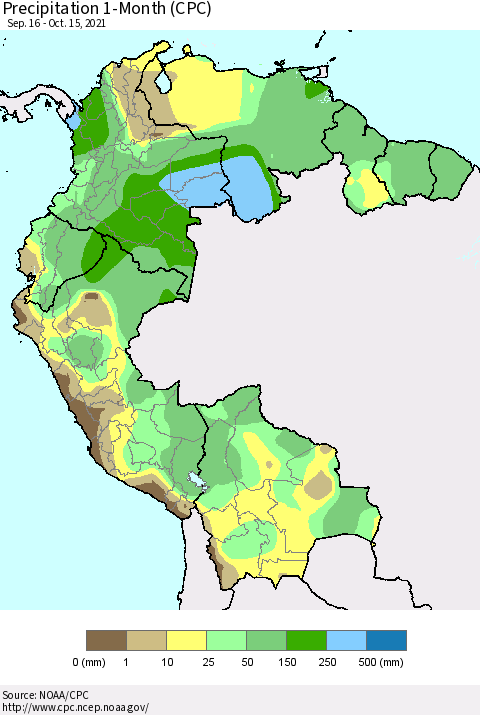 Northern South America Precipitation 1-Month (CPC) Thematic Map For 9/16/2021 - 10/15/2021