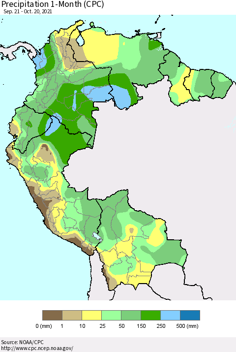 Northern South America Precipitation 1-Month (CPC) Thematic Map For 9/21/2021 - 10/20/2021