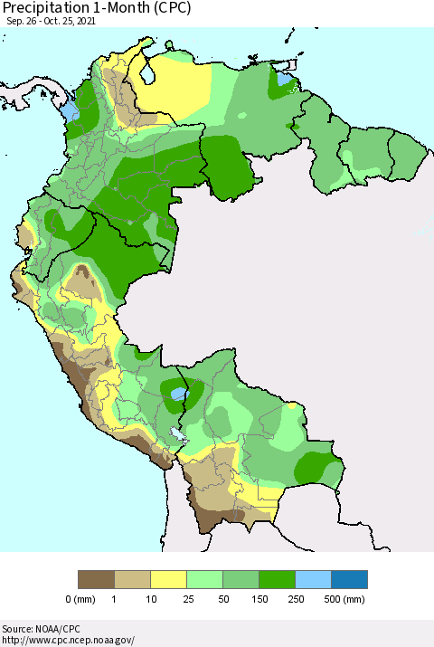 Northern South America Precipitation 1-Month (CPC) Thematic Map For 9/26/2021 - 10/25/2021