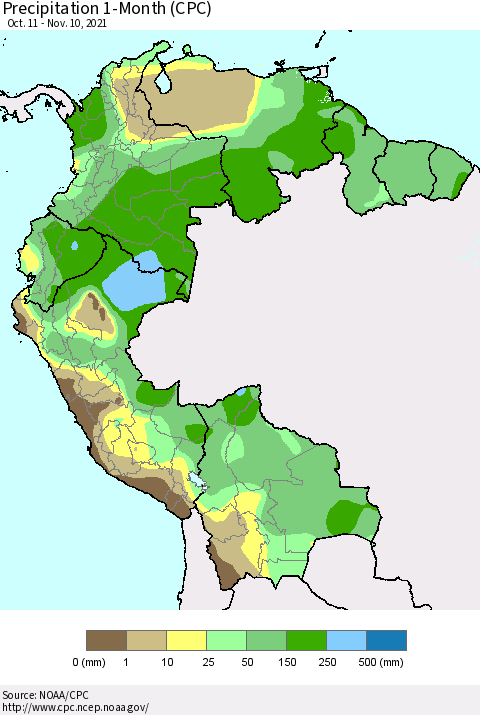 Northern South America Precipitation 1-Month (CPC) Thematic Map For 10/11/2021 - 11/10/2021