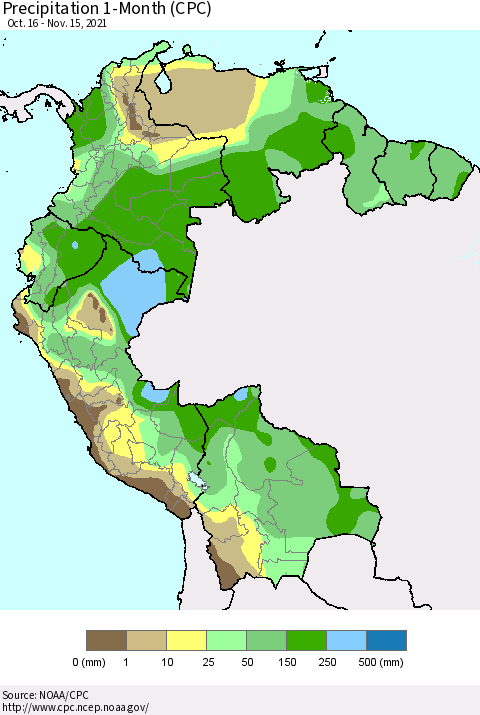 Northern South America Precipitation 1-Month (CPC) Thematic Map For 10/16/2021 - 11/15/2021
