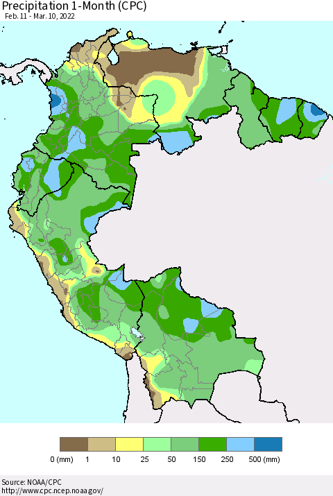 Northern South America Precipitation 1-Month (CPC) Thematic Map For 2/11/2022 - 3/10/2022