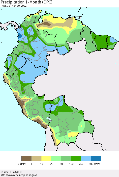 Northern South America Precipitation 1-Month (CPC) Thematic Map For 3/11/2022 - 4/10/2022