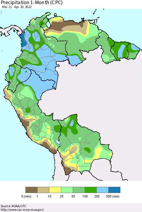 Northern South America Precipitation 1-Month (CPC) Thematic Map For 3/21/2022 - 4/20/2022
