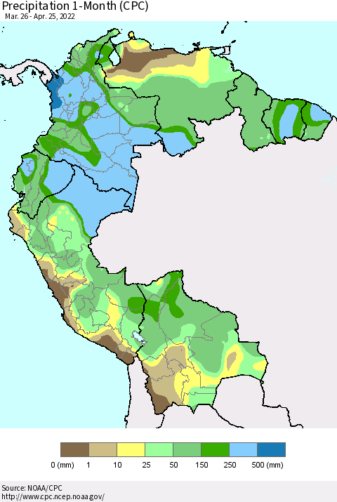 Northern South America Precipitation 1-Month (CPC) Thematic Map For 3/26/2022 - 4/25/2022