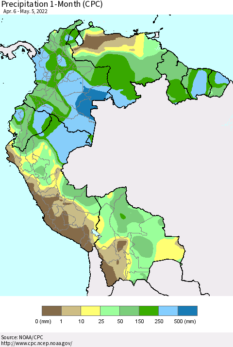 Northern South America Precipitation 1-Month (CPC) Thematic Map For 4/6/2022 - 5/5/2022