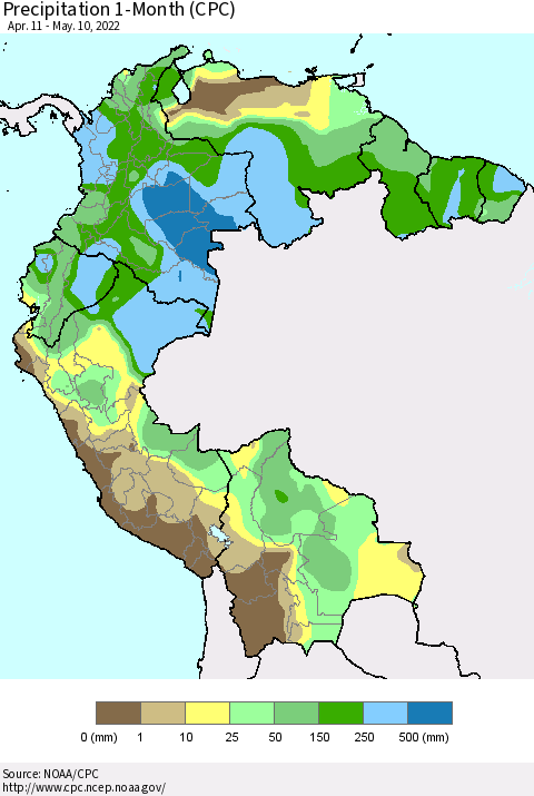 Northern South America Precipitation 1-Month (CPC) Thematic Map For 4/11/2022 - 5/10/2022