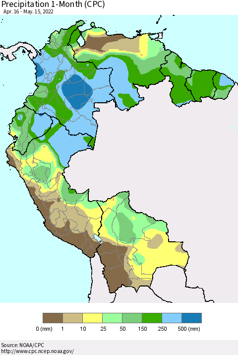 Northern South America Precipitation 1-Month (CPC) Thematic Map For 4/16/2022 - 5/15/2022