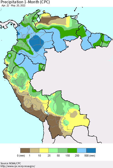 Northern South America Precipitation 1-Month (CPC) Thematic Map For 4/21/2022 - 5/20/2022