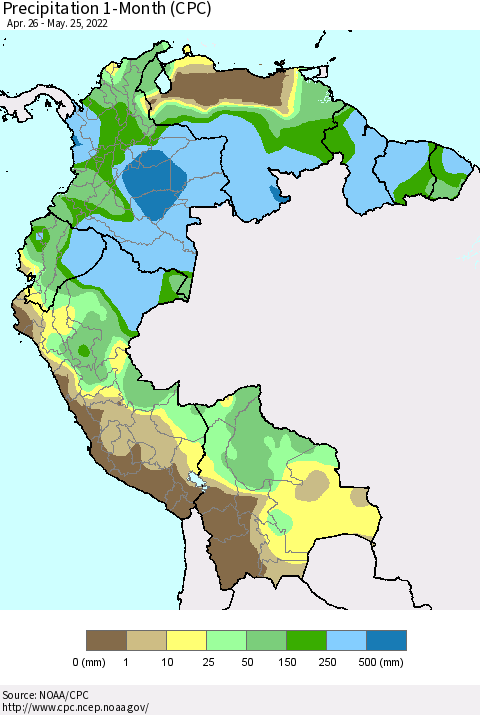 Northern South America Precipitation 1-Month (CPC) Thematic Map For 4/26/2022 - 5/25/2022