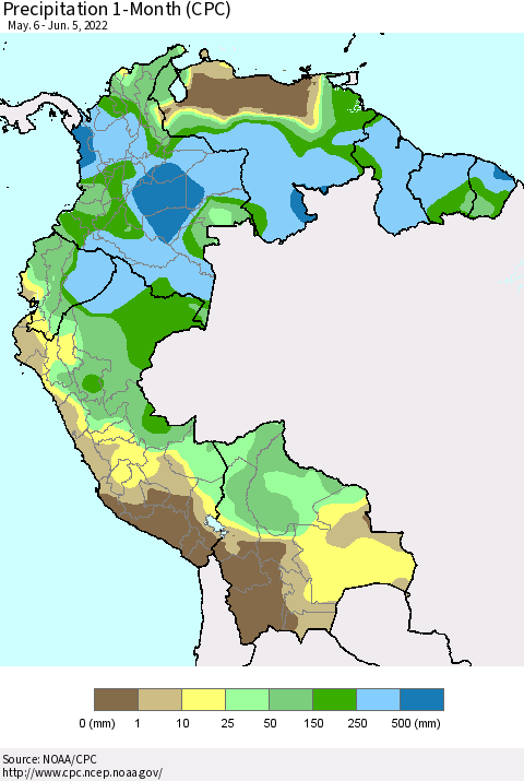 Northern South America Precipitation 1-Month (CPC) Thematic Map For 5/6/2022 - 6/5/2022