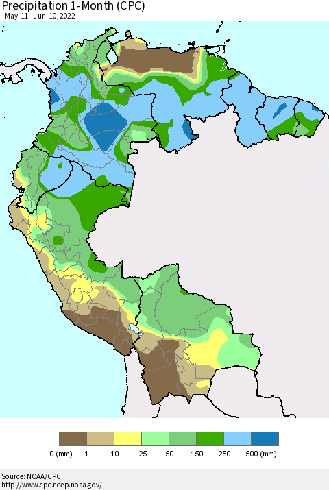 Northern South America Precipitation 1-Month (CPC) Thematic Map For 5/11/2022 - 6/10/2022
