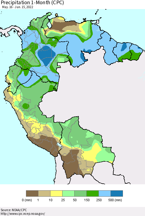 Northern South America Precipitation 1-Month (CPC) Thematic Map For 5/16/2022 - 6/15/2022