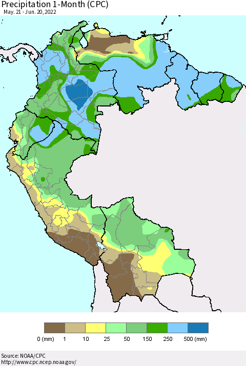 Northern South America Precipitation 1-Month (CPC) Thematic Map For 5/21/2022 - 6/20/2022