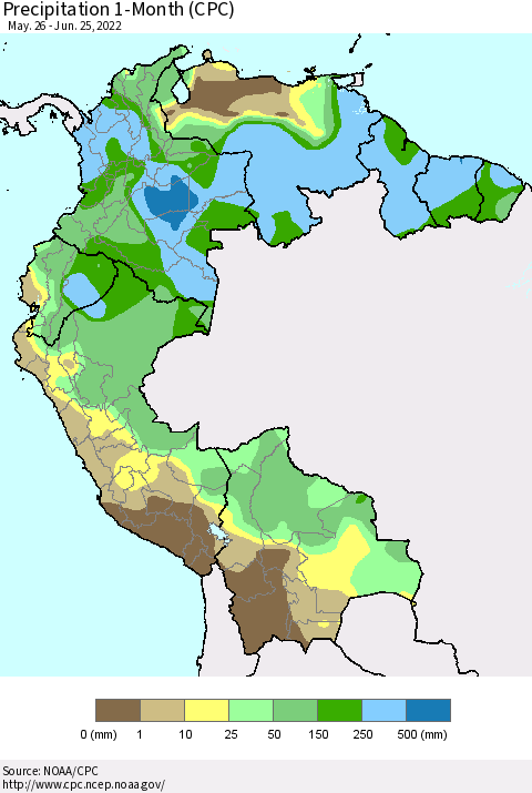 Northern South America Precipitation 1-Month (CPC) Thematic Map For 5/26/2022 - 6/25/2022