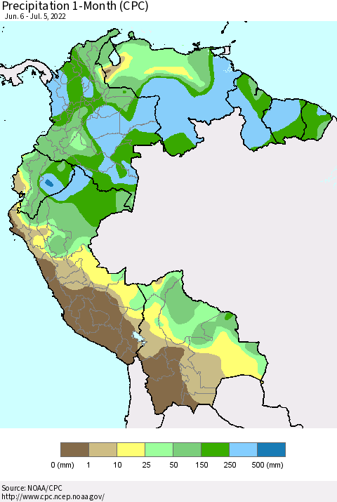 Northern South America Precipitation 1-Month (CPC) Thematic Map For 6/6/2022 - 7/5/2022