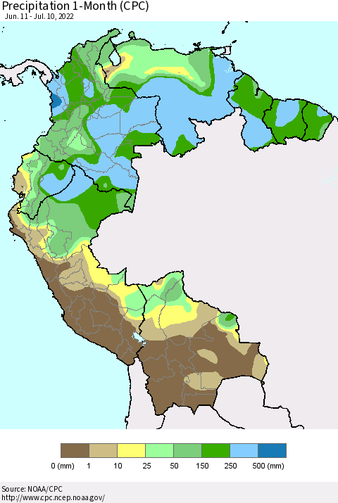 Northern South America Precipitation 1-Month (CPC) Thematic Map For 6/11/2022 - 7/10/2022