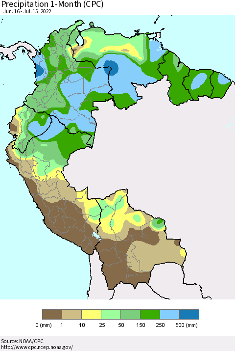 Northern South America Precipitation 1-Month (CPC) Thematic Map For 6/16/2022 - 7/15/2022