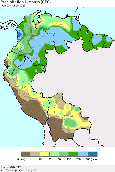 Northern South America Precipitation 1-Month (CPC) Thematic Map For 6/21/2022 - 7/20/2022