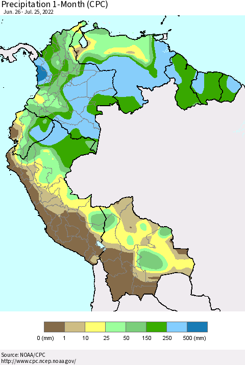Northern South America Precipitation 1-Month (CPC) Thematic Map For 6/26/2022 - 7/25/2022