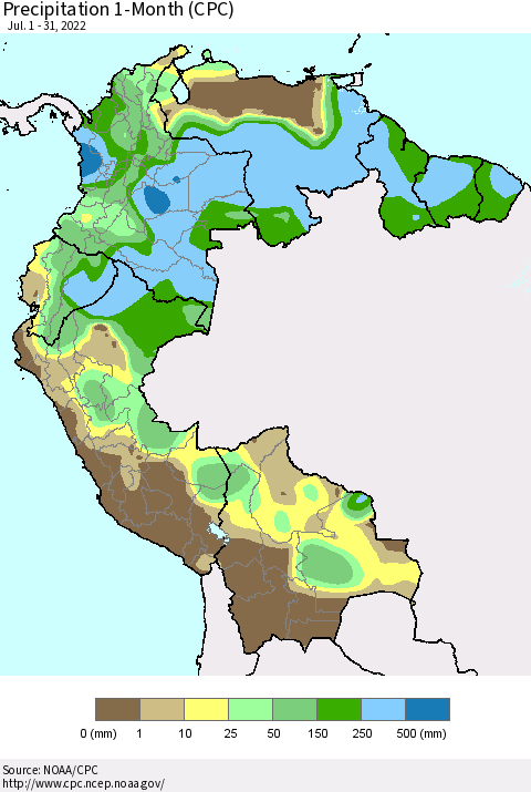 Northern South America Precipitation 1-Month (CPC) Thematic Map For 7/1/2022 - 7/31/2022