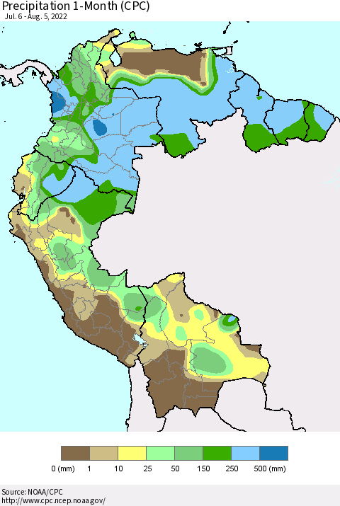 Northern South America Precipitation 1-Month (CPC) Thematic Map For 7/6/2022 - 8/5/2022