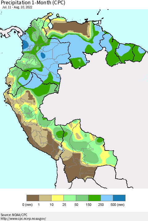 Northern South America Precipitation 1-Month (CPC) Thematic Map For 7/11/2022 - 8/10/2022